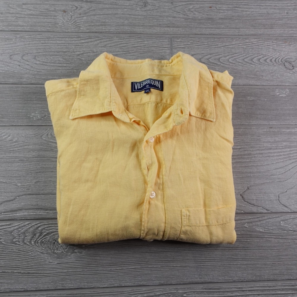 Vilebrequin 100% Linen Shirt Men's Size XXL 2XL Solid Yellow Button Down Luxury